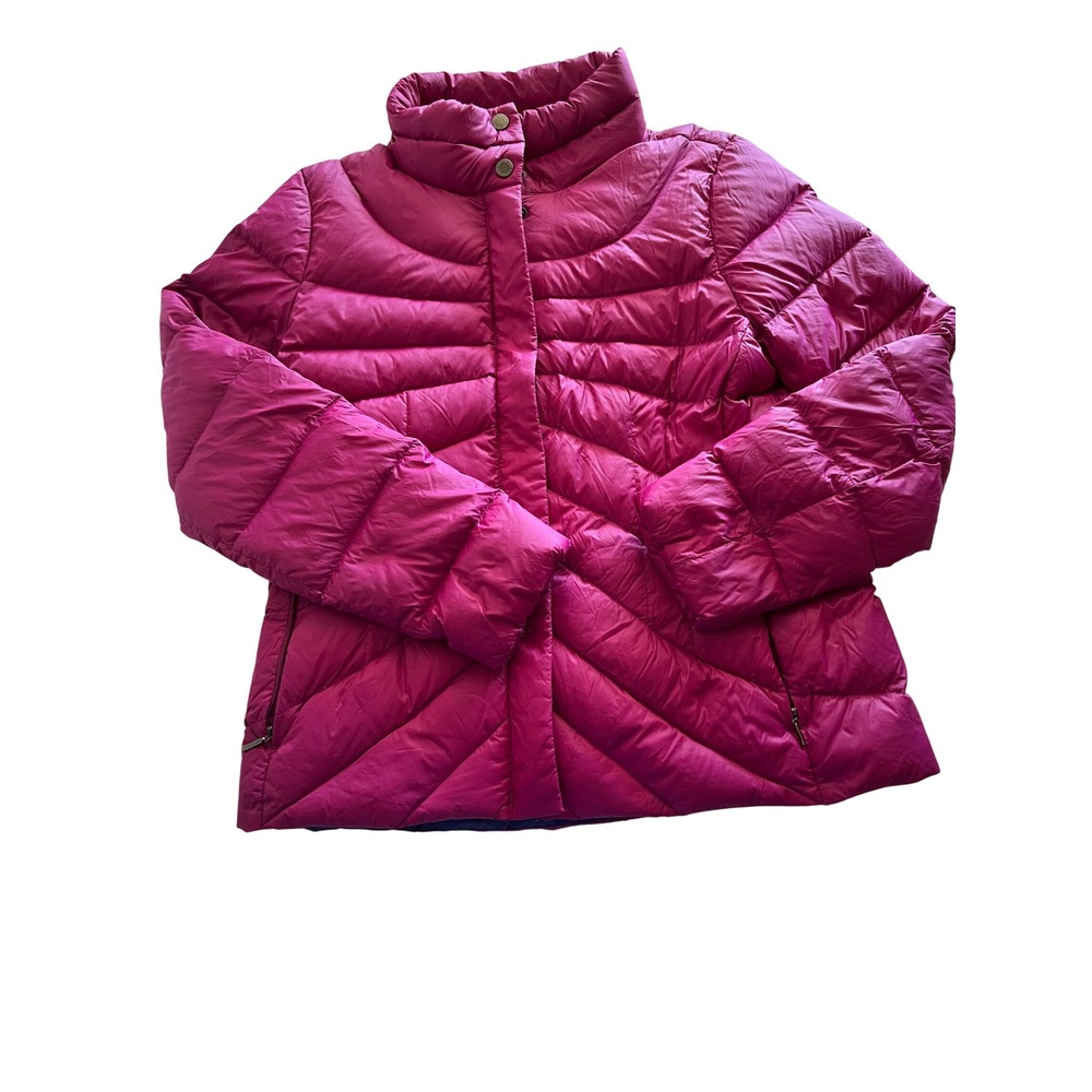 Lands End Womens Magenta Pink Down Puffer Jacket Small 6-8 Chevron Quilted Coat